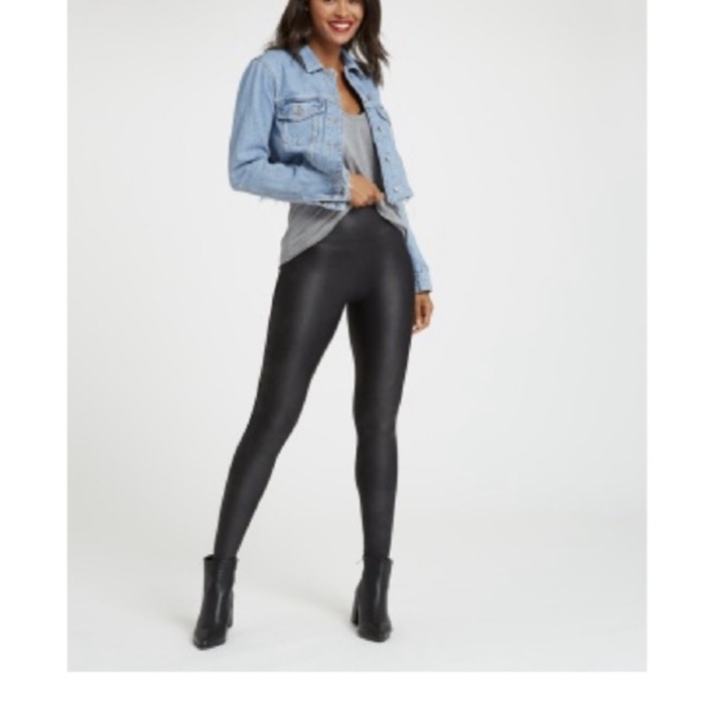 Spanx Faux Leather Leggings Womens L Black High Rise Shaping Ankle Stretch